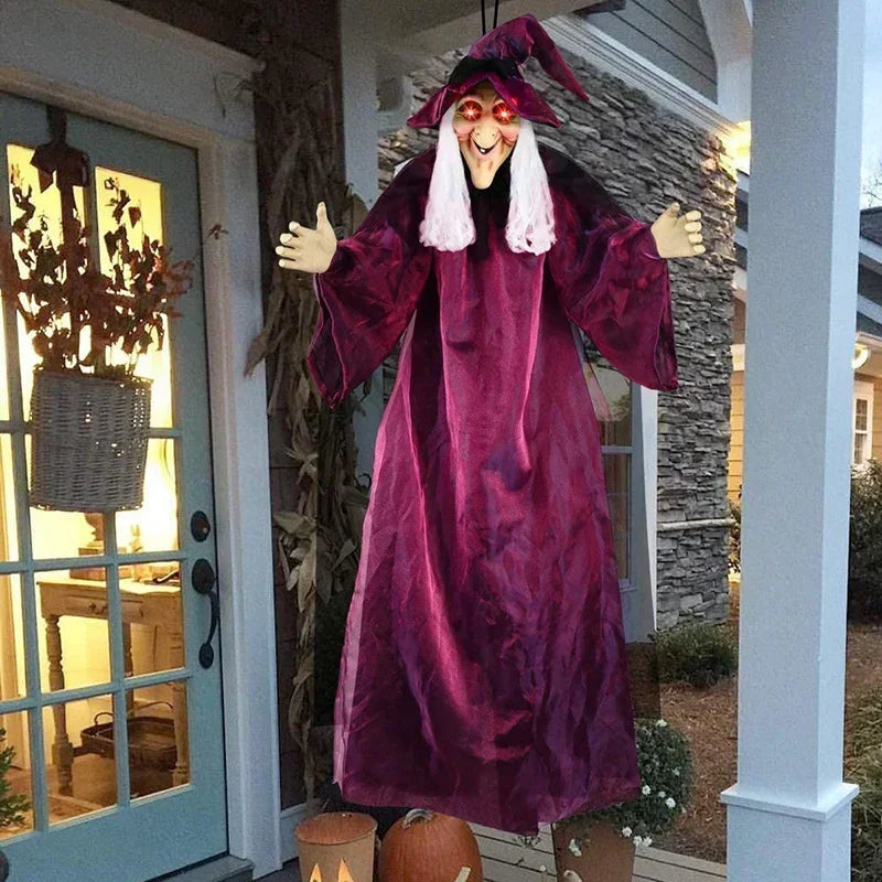 Sorcière Animatronique Parlante 180 cm – Déco Halloween Lumineuse à Suspendre