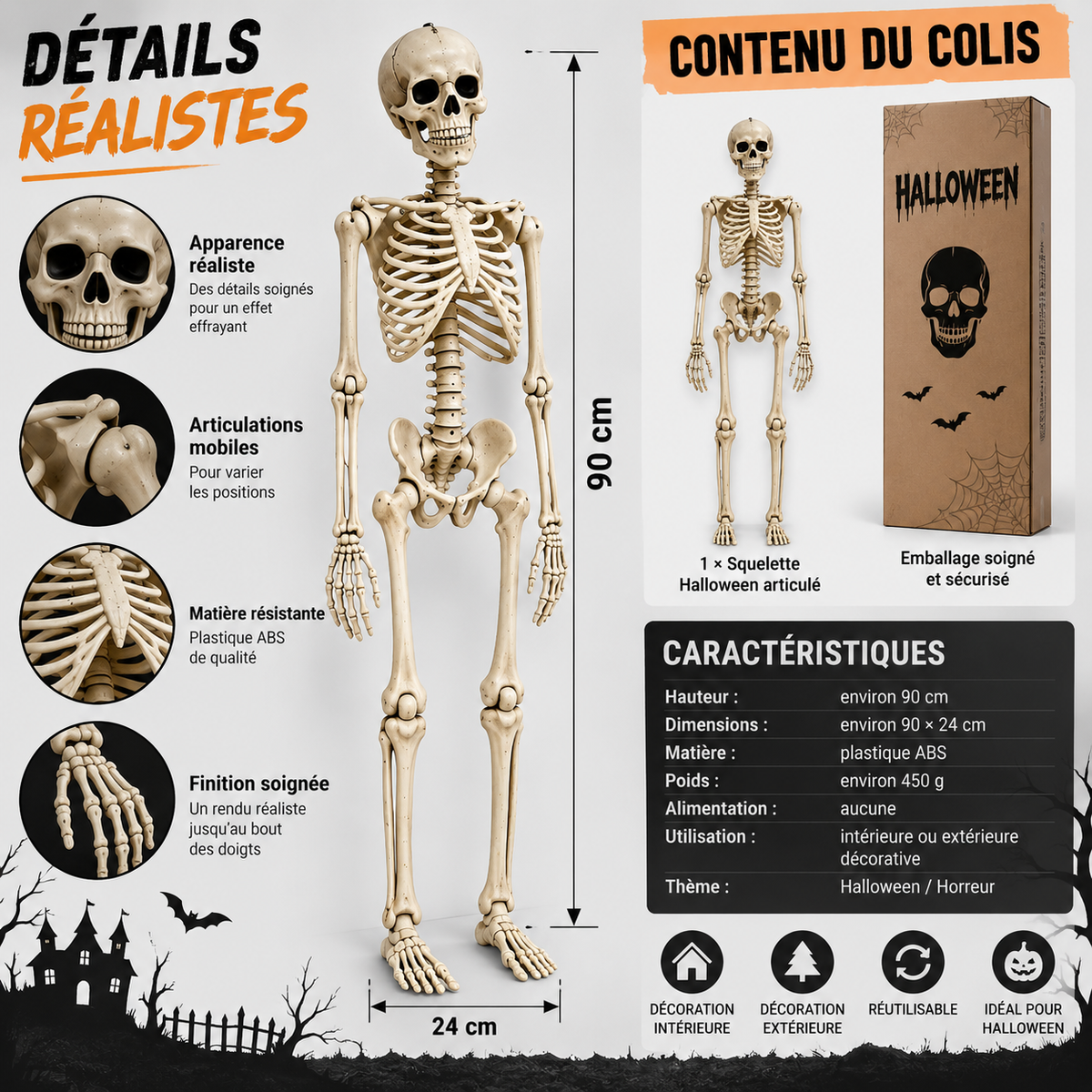 Squelette Halloween articulé 90 cm – vue 2