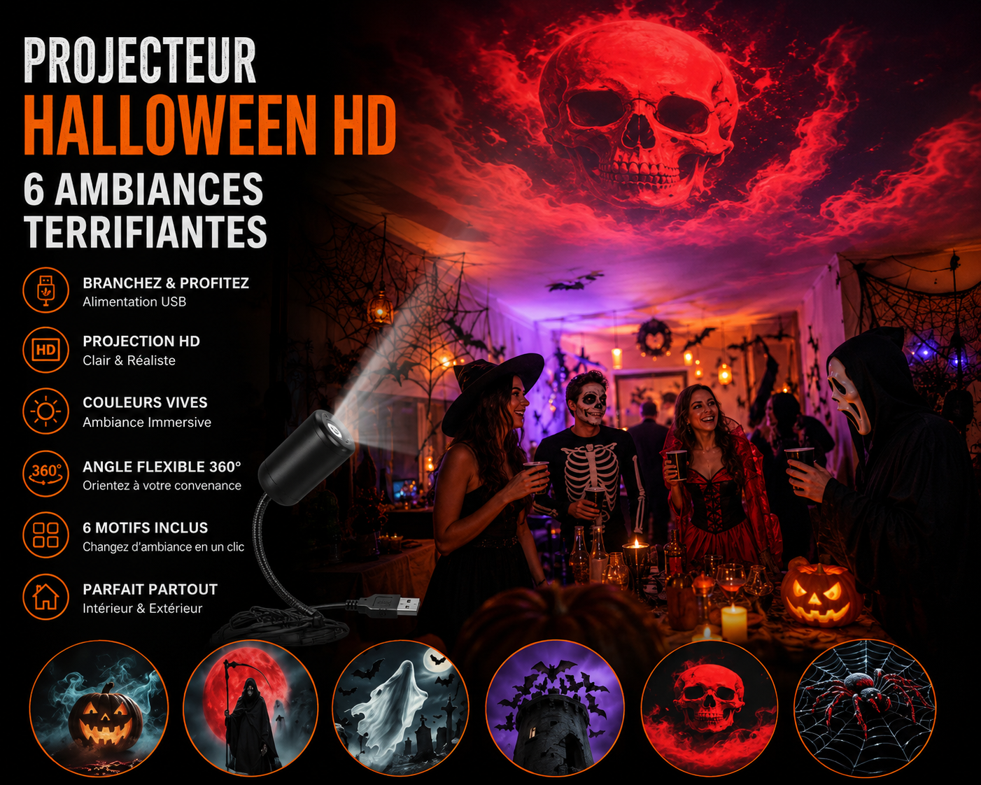 Projecteur Halloween HD – 6 Ambiances Terrifiantes