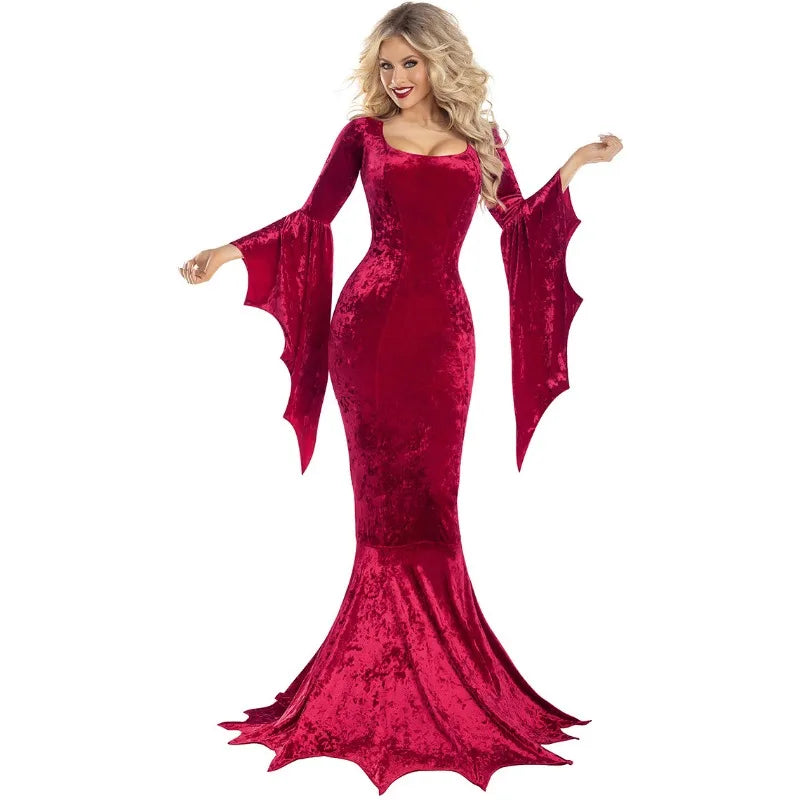 Robe gothique rouge bordeaux manches chauve-souris - vue de face