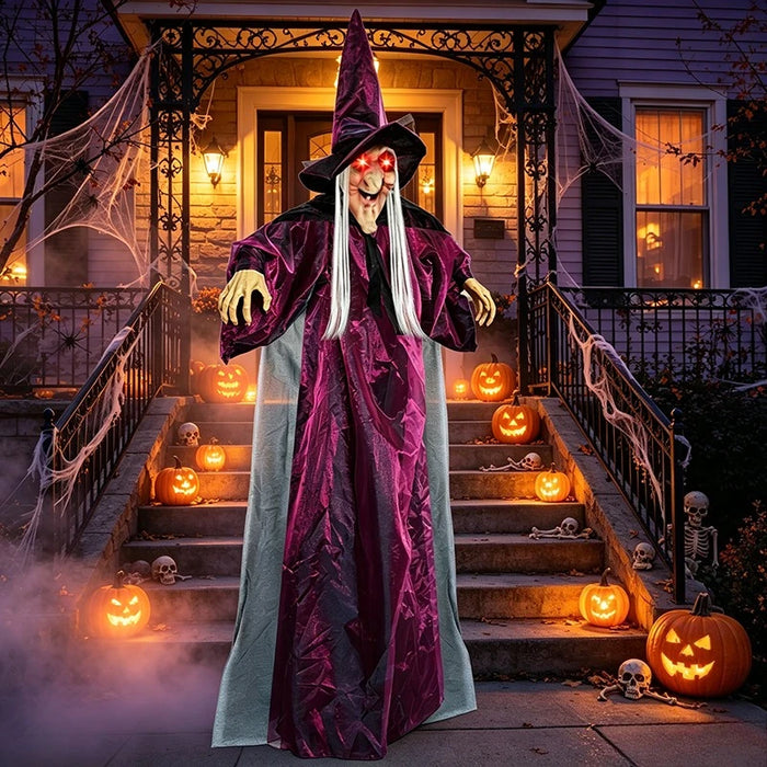Sorcière Animatronique Parlante 180 cm – Déco Halloween Lumineuse à Suspendre