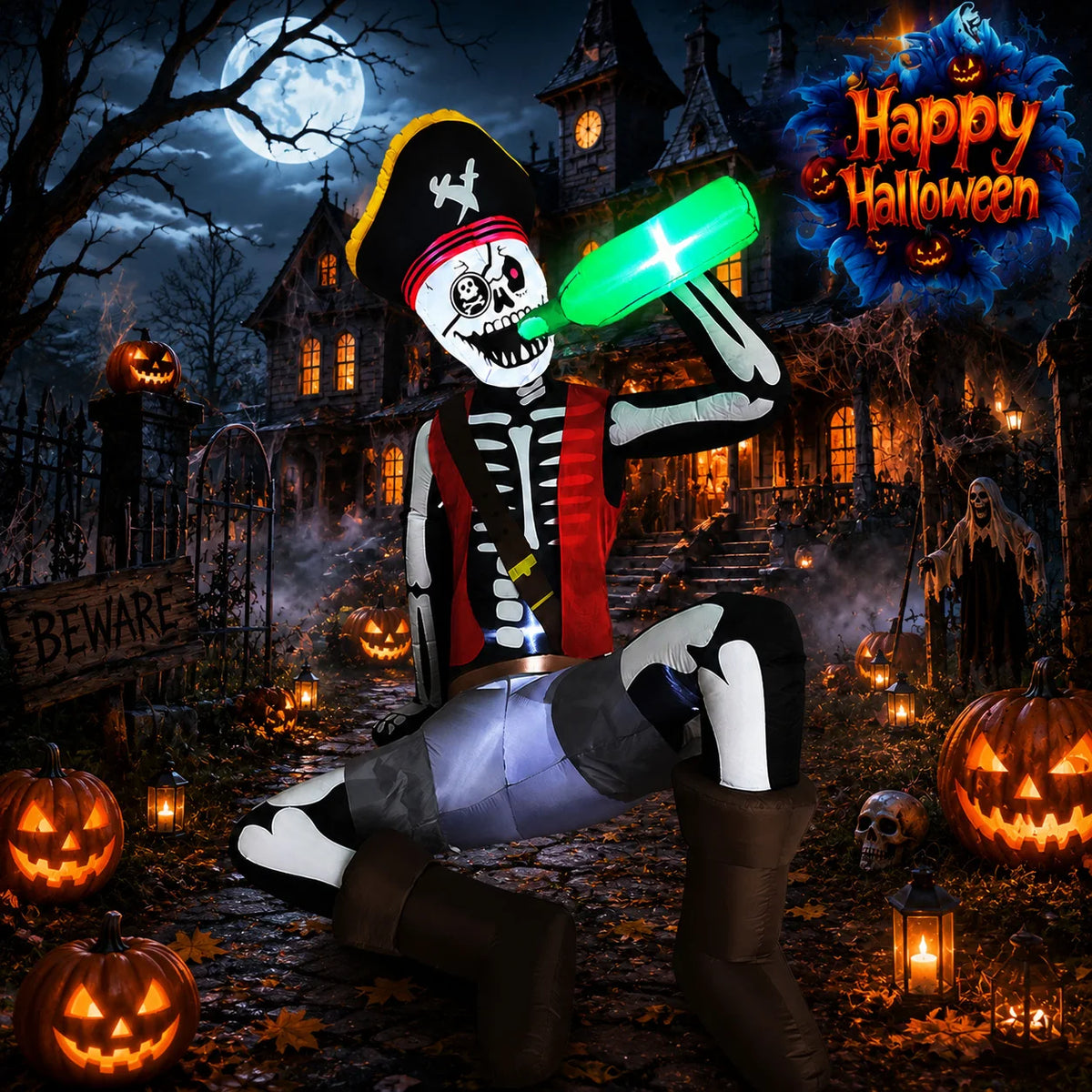 Squelette Pirate Gonflable Géant 2m – Déco Halloween Extérieure