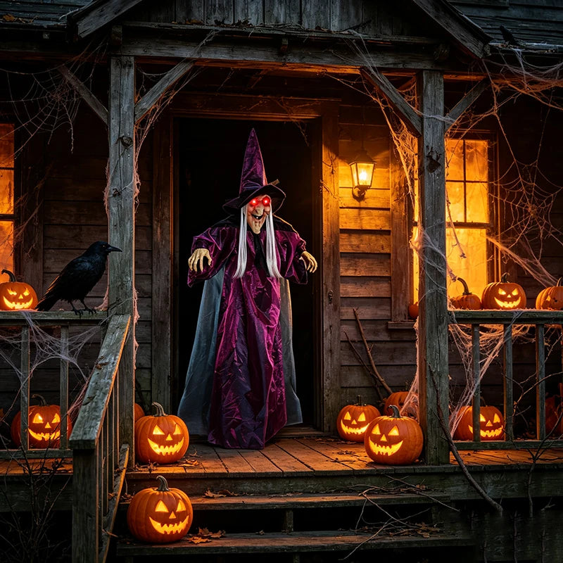 Sorcière Animatronique Parlante 180 cm – Déco Halloween Lumineuse à Suspendre