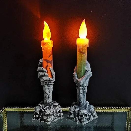 Bougies LED main de squelette Halloween orange et vert