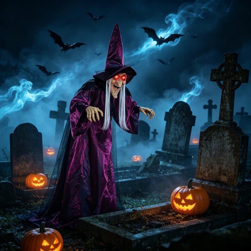 Sorcière Animatronique Parlante 180 cm – Déco Halloween Lumineuse à Suspendre
