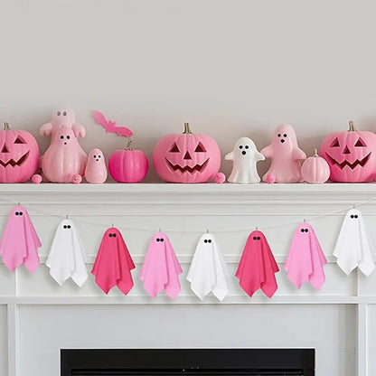 Fantômes suspendus Halloween rose et blanc – vue 3