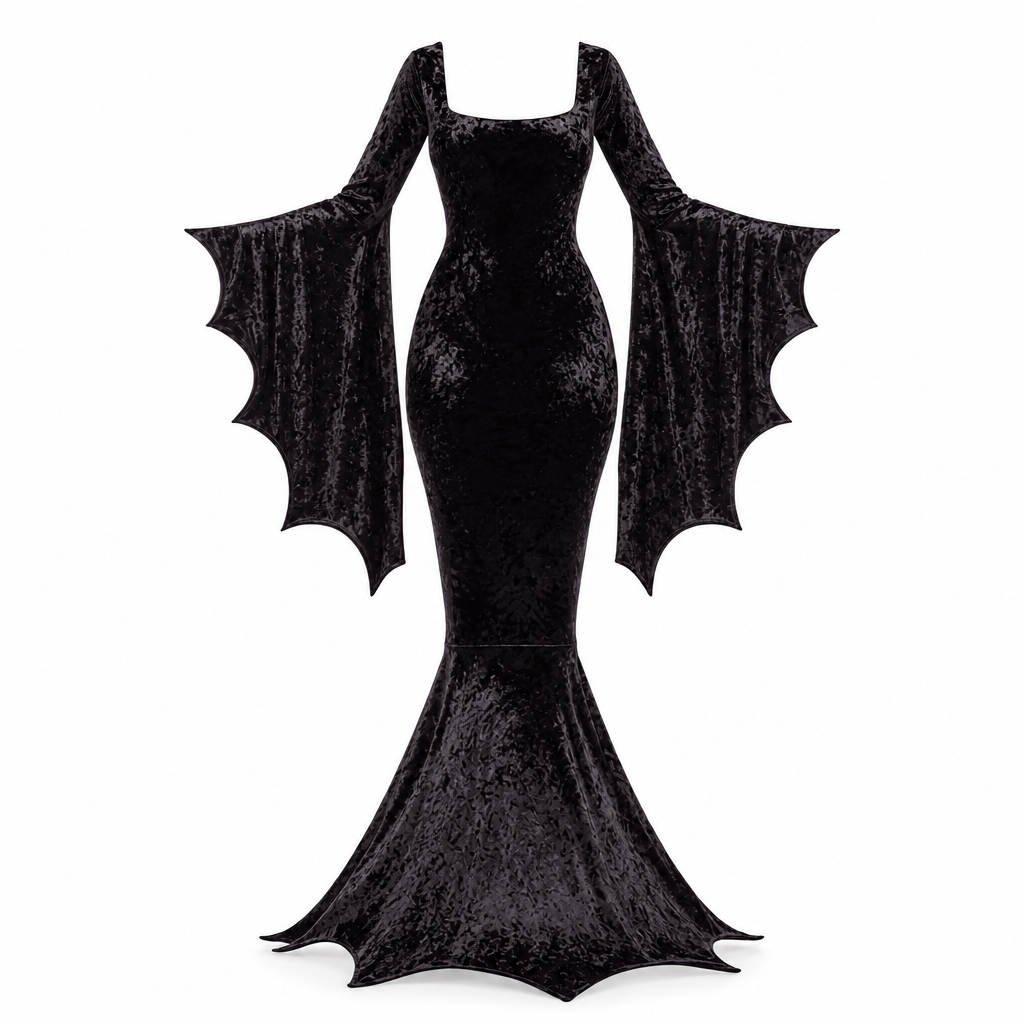 Robe Gothique Sirène Manches Chauve-Souris – Costume Sorcière Élégante Halloween