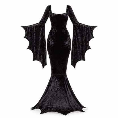 Robe Gothique Sirène Manches Chauve-Souris – Costume Sorcière Élégante Halloween