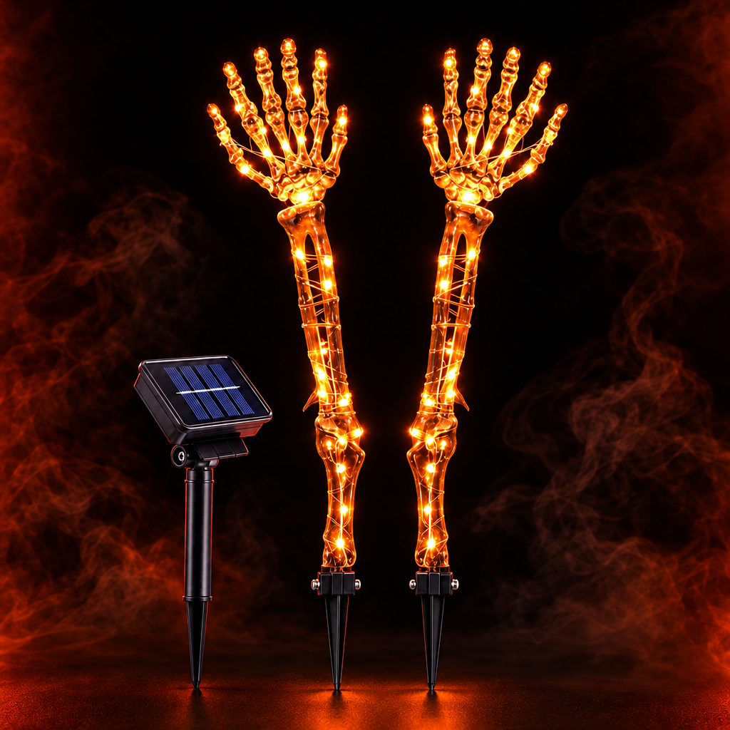 Mains de squelette LED orange citrouille avec panneau solaire
