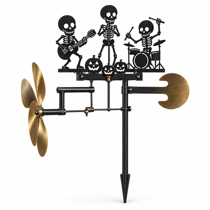 Éolienne squelettes rock en métal noir et hélice laiton – fond blanc