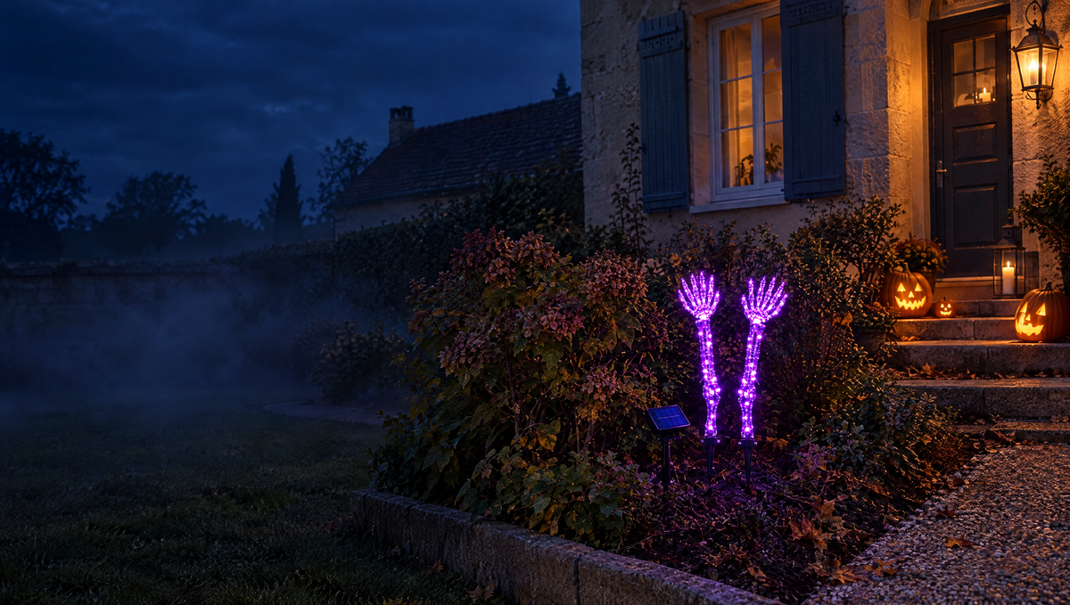 Entrée de maison décorée pour Halloween la nuit