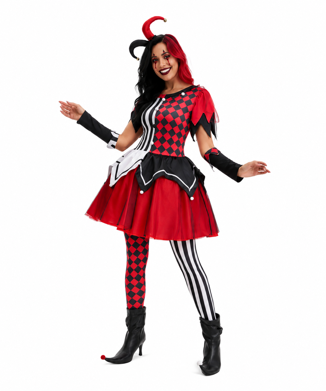 Déguisement clown maléfique femme, costume arlequin – vue 3