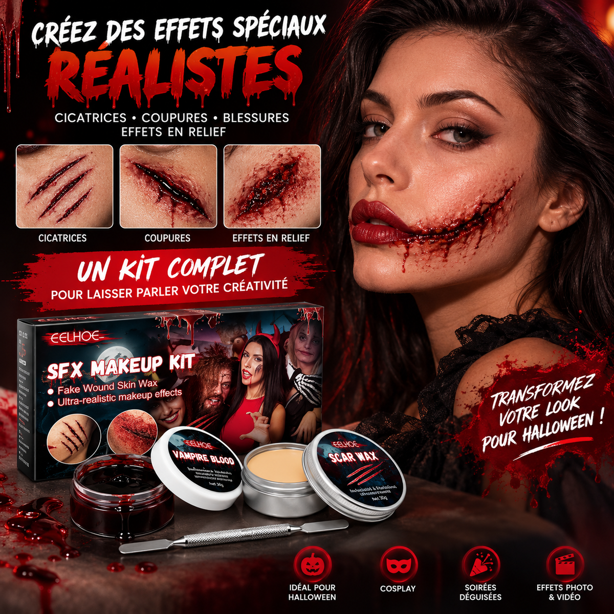 Kit maquillage effets spéciaux, faux sang et cire à cicatrice – vue 3