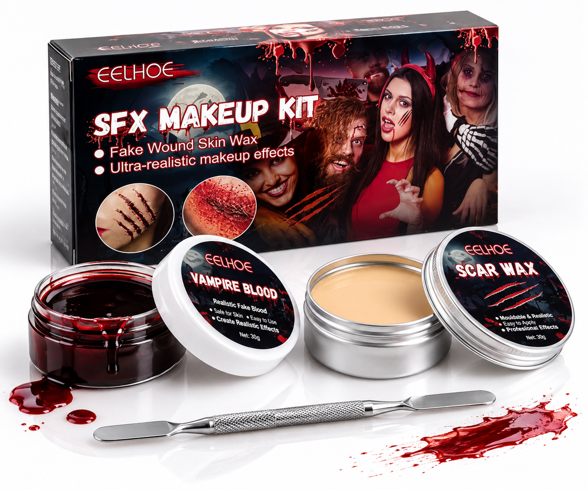 Kit maquillage effets spéciaux, faux sang et cire à cicatrice – vue 1