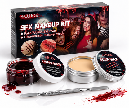 Kit maquillage effets spéciaux, faux sang et cire à cicatrice – vue 1