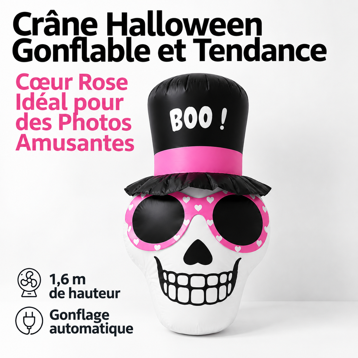 Crâne Gonflable Lumineux LED à Lunettes – Déco Halloween XXL