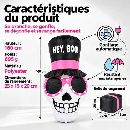 Crâne Gonflable Lumineux LED à Lunettes – Déco Halloween XXL