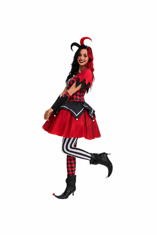 Déguisement clown maléfique femme, costume arlequin – vue 1