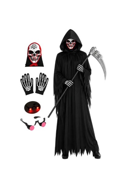 Déguisement faucheuse Halloween avec masque, gants et faux – vue 1